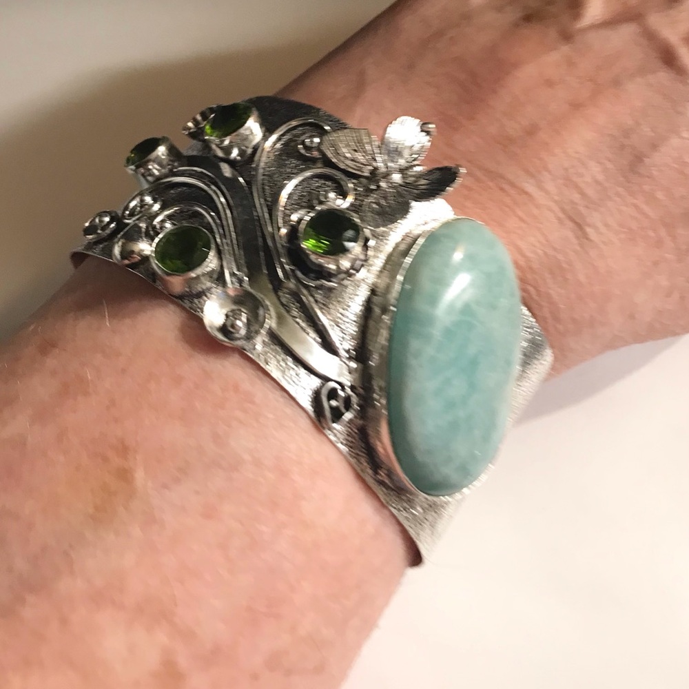 Amazonite Chrome Diopside Stamped Solid 925 Sterling Silver Cuff Bracelet